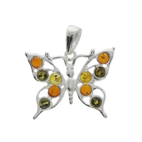 Sommerfugle Vedh�ng i Sterling S�lv med Flerfarvet Baltisk Rav I Elegance og Natur I Den lille Ravbutik