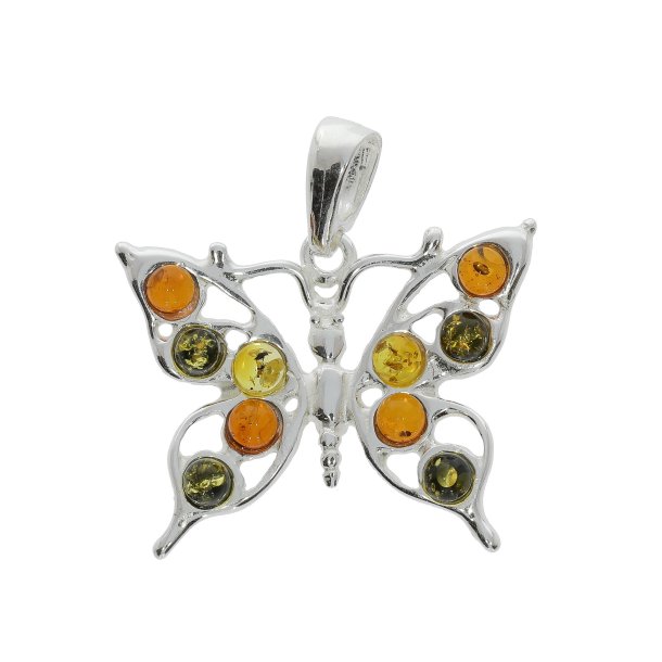 Sommerfugle Vedh�ng i Sterling S�lv med Flerfarvet Baltisk Rav I Elegance og Natur I Den lille Ravbutik