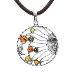 Himmelsk Sol &amp; M�ne Vedh�ng i Sterling S�lv med Flerfarvet Baltisk Rav