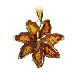Exklusiver Blumen-Anh�nger aus vergoldetem 925 Silber mit echtem Cognac-Bernstein