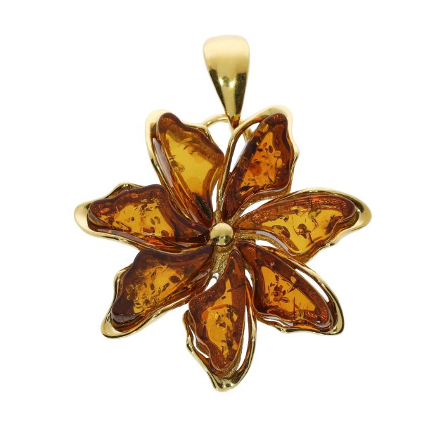 Exklusiver Blumen-Anh�nger aus vergoldetem 925 Silber mit echtem Cognac-Bernstein