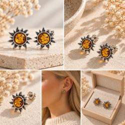 Sol �restikker med �gte Cognac Rav og 925 Sterling S�lv