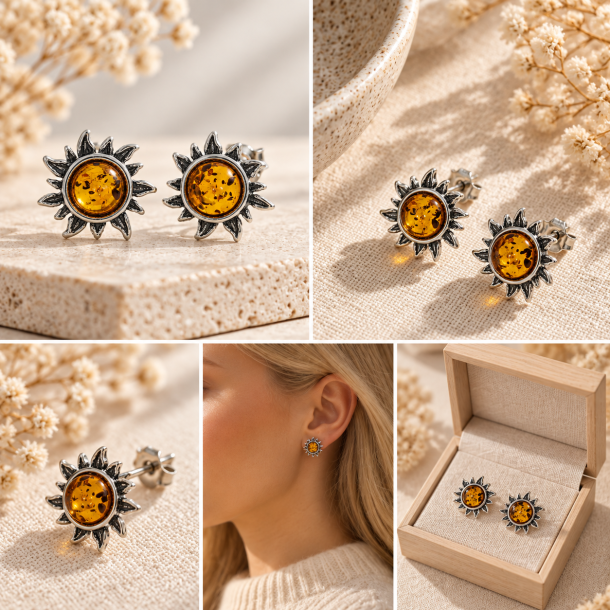 Sol �restikker med �gte Cognac Rav og 925 Sterling S�lv