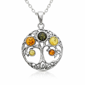 Keltischer Lebensbaum Anh�nger aus 925 Sterling Silber mit buntem Baltischem Bernstein � �Tree of Life�