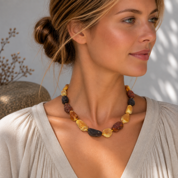 Unik Naturformet Ravk�de af �gte Rav � Store Upolerede Ravstykker i Gyldne, Cognac &amp; M�rke Nuancer