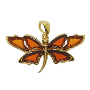 Gylden sommerfugle vedhng af gte rav og forgyldt slv