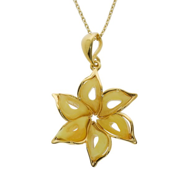 Sonnenblumen anh�nger aus echtem Milch bernstein und vergoldetem Silber