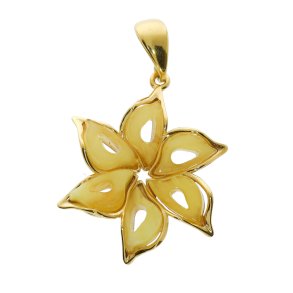 Solsikke vedhng af gte mlke rav og forgyldt slv