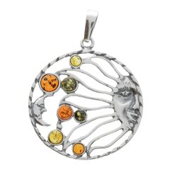 Sol og mne vedhng af gte rav og slv