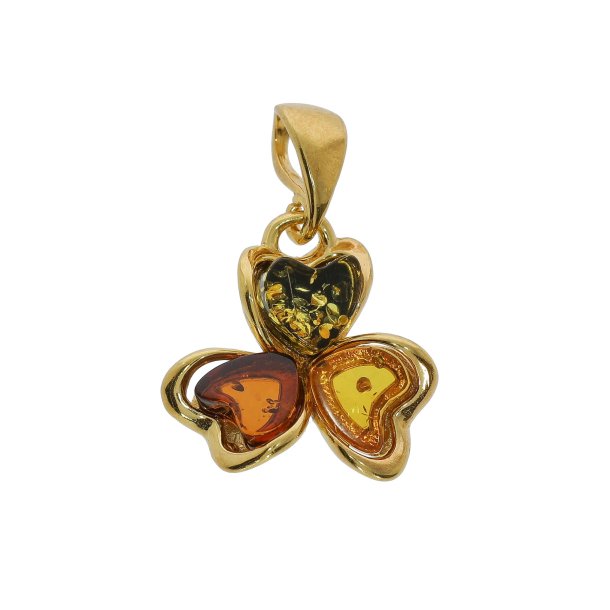 Dreifache Herzen � Bernsteinblumen-Anh�nger aus echtem Bernstein und vergoldetem Silber