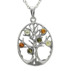 Sterling S�lv Livets Tr� vedh�ng med flerfarvede ravblade