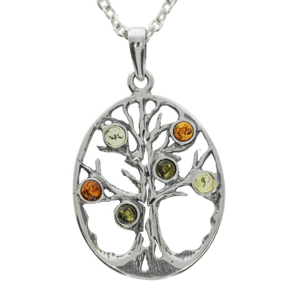 Sterling S�lv Livets Tr� vedh�ng med flerfarvede ravblade