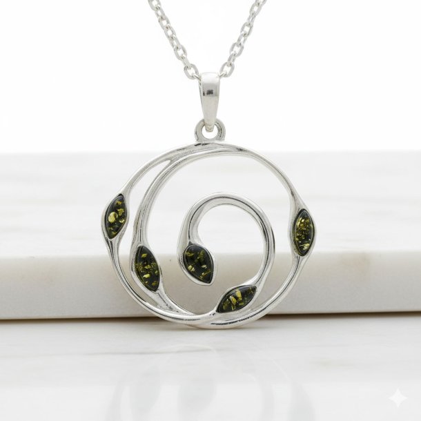 H�ndlavet botanisk gr�n rav og .925 sterlings�lv h�ngende vedh�ng