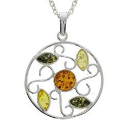 Solvedh�ng i flerfarvet rav  i 925 sterlings�lv | Rund filigran i livets tr�-stil | Cognac, gr�n og citrongul rav smykker