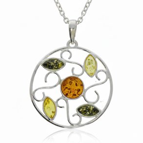 Solvedh�ng i flerfarvet rav  i 925 sterlings�lv | Rund filigran i livets tr�-stil | Cognac, gr�n og citrongul rav smykker