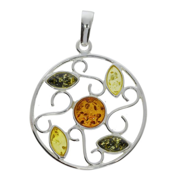 Solvedh�ng i flerfarvet rav  i 925 sterlings�lv | Rund filigran i livets tr�-stil | Cognac, gr�n og citrongul rav smykker