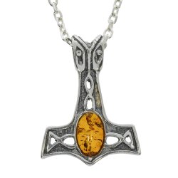 Sterling s�lv Thors Hammer vedh�ng med cognac rav - h�ndlavet Mj�lner charm med oxiderede keltiske knuder - Viking styrke symbol smykker