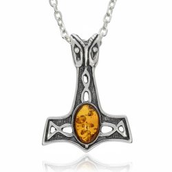 Sterling s�lv Thors Hammer vedh�ng med cognac rav - h�ndlavet Mj�lner charm med oxiderede keltiske knuder - Viking styrke symbol smykker