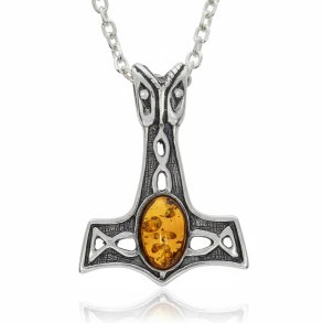 Sterling s�lv Thors Hammer vedh�ng med cognac rav - h�ndlavet Mj�lner charm med oxiderede keltiske knuder - Viking styrke symbol smykker