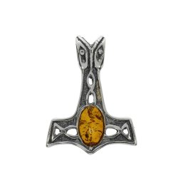 Sterling s�lv Thors Hammer vedh�ng med cognac rav - h�ndlavet Mj�lner charm med oxiderede keltiske knuder - Viking styrke symbol smykker