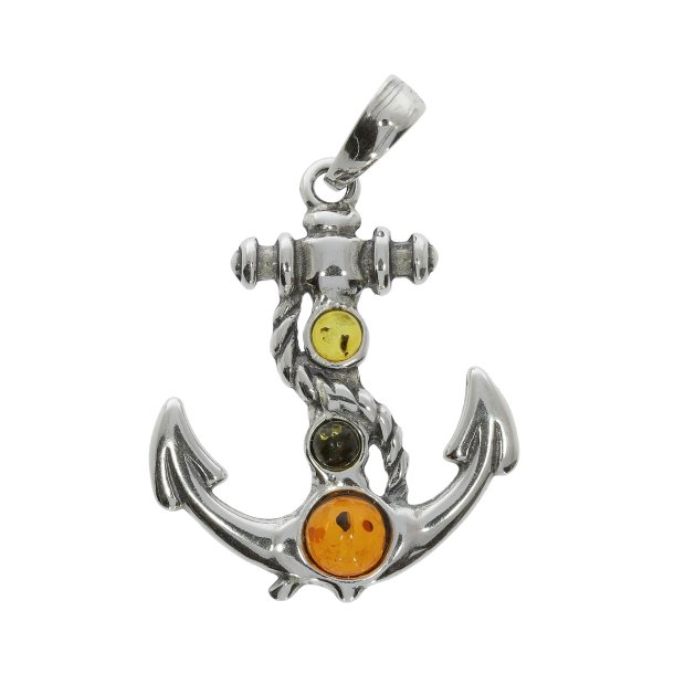 Sterlings�lv anker vedh�ng med flerfarvet rav | Nautisk smykker til m�nd og kvinder | .925 s�lv s�mandens amulet