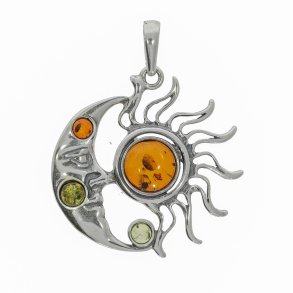 Himmelaksen � Sol og M�ne Vedh�ng i S�lv med Baltisk Rav