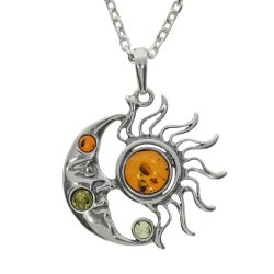 Himmelaksen � Sol og M�ne Vedh�ng i S�lv med Baltisk Rav