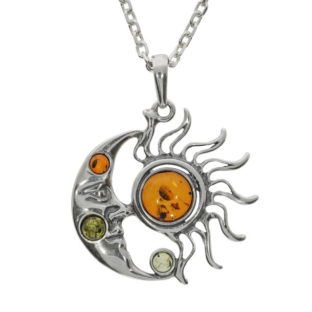 Himmelaksen � Sol og M�ne Vedh�ng i S�lv med Baltisk Rav