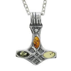 Vikinge-vedh�ng Thors Hammer � 925 Sterlings�lv med Trefarvet Rav