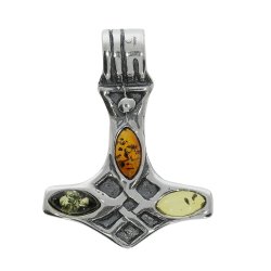 Vikinge-vedh�ng Thors Hammer � 925 Sterlings�lv med Trefarvet Rav