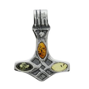 Vikinge-vedh�ng Thors Hammer � 925 Sterlings�lv med Trefarvet Rav