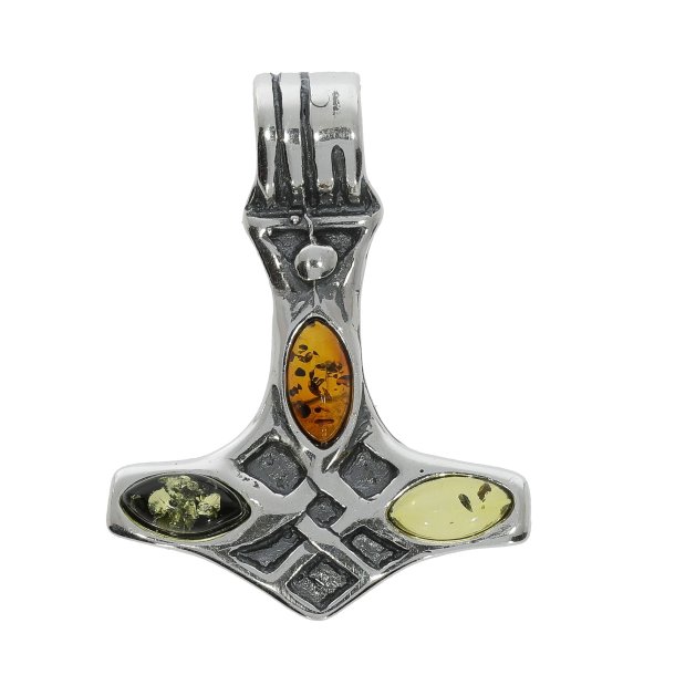 Vikinge-vedh�ng Thors Hammer � 925 Sterlings�lv med Trefarvet Rav