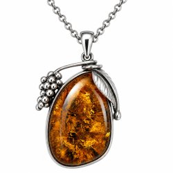 Unikt Rav Vedh�ng i 925 Sterling S�lv med Blad &amp; B�r � H�ndlavet Design