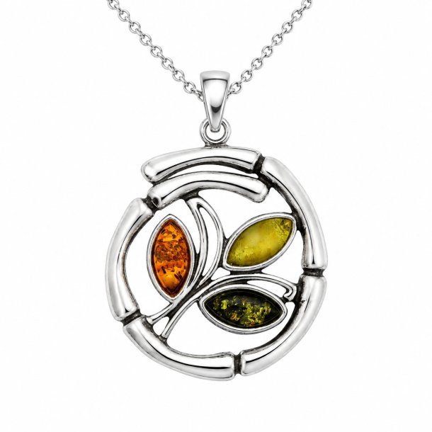 Nordisk Cirkel Vedh�ng med Flerfarvet �gte Dansk Rav &amp; 925 Sterling S�lv