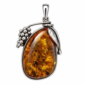 Unikt Rav Vedh�ng i 925 Sterling S�lv med Blad & B�r � H�ndlavet Design