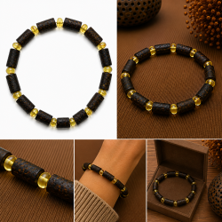 Dunkles Bernsteinarmband mit l�nglichen Bernsteinperlen und goldenen Zwischenperlen � Echtes Bernstein