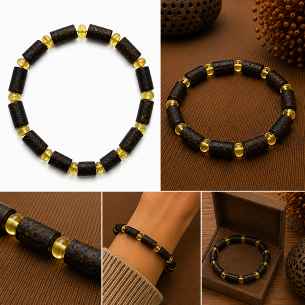 Dunkles Bernsteinarmband mit l�nglichen Bernsteinperlen und goldenen Zwischenperlen � Echtes Bernstein