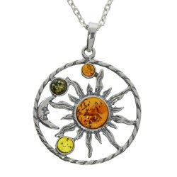 Sol og halvm�ne himmelsk vedh�ng | 925 sterlings�lv med flerfarvet rav