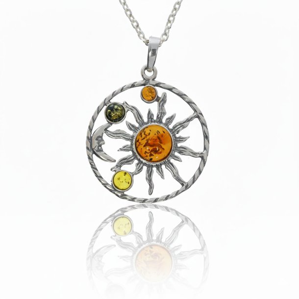 Sol og halvm�ne himmelsk vedh�ng | 925 sterlings�lv med flerfarvet rav