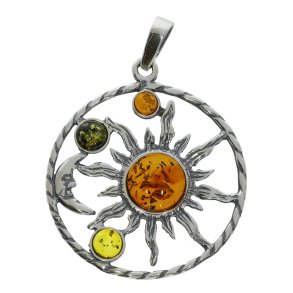 Sol og halvm�ne himmelsk vedh�ng | 925 sterlings�lv med flerfarvet rav