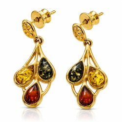Blatt Ohrstecker mit Mehrfarbigem Echtem Bernstein in Vergoldetem 925 Sterling Silber