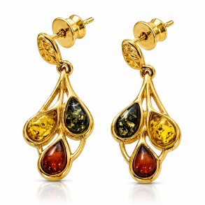 Blatt Ohrstecker mit Mehrfarbigem Echtem Bernstein in Vergoldetem 925 Sterling Silber