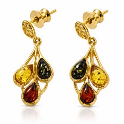 Blatt Ohrstecker mit Mehrfarbigem Echtem Bernstein in Vergoldetem 925 Sterling Silber