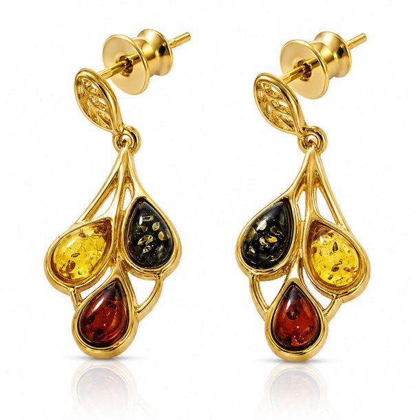 Blatt Ohrstecker mit Mehrfarbigem Echtem Bernstein in Vergoldetem 925 Sterling Silber