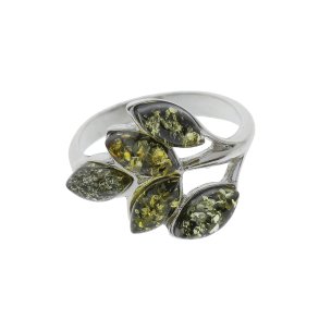 Blad Ring I Sterling Slv Og Grnt Rav