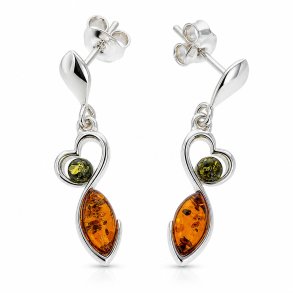 Herz-Ohrh�nger mit Echtem Mehrfarbigem Baltischen Bernstein aus 925 Sterling Silber