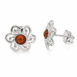 Blumen-Ohrstecker mit Echtem Cognacfarbenem Baltischen Bernstein aus 925 Sterling Silber