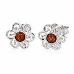 Blumen-Ohrstecker mit Echtem Cognacfarbenem Baltischen Bernstein aus 925 Sterling Silber