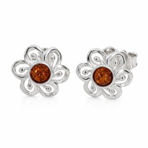 Blumen-Ohrstecker mit Echtem Cognacfarbenem Baltischen Bernstein aus 925 Sterling Silber