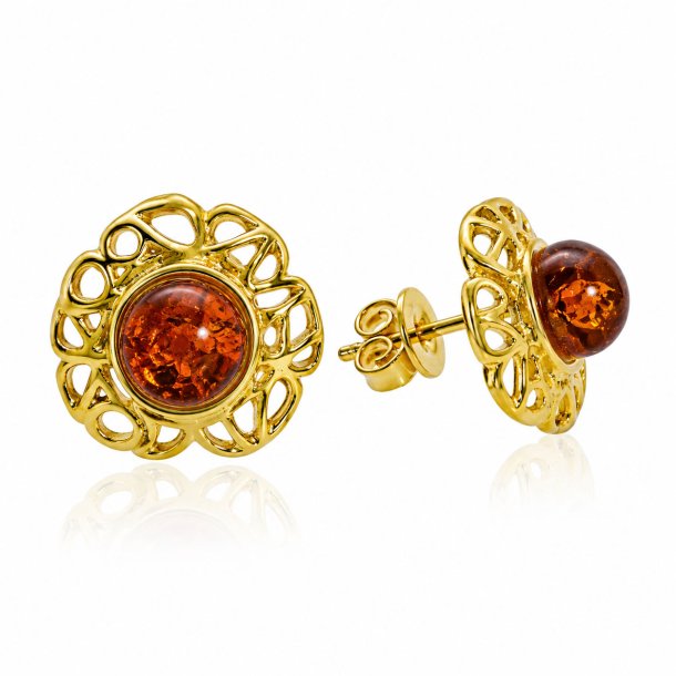 Blumen Ohrstecker mit Echtem Cognac-Bernstein in Vergoldetem 925 Sterling Silber